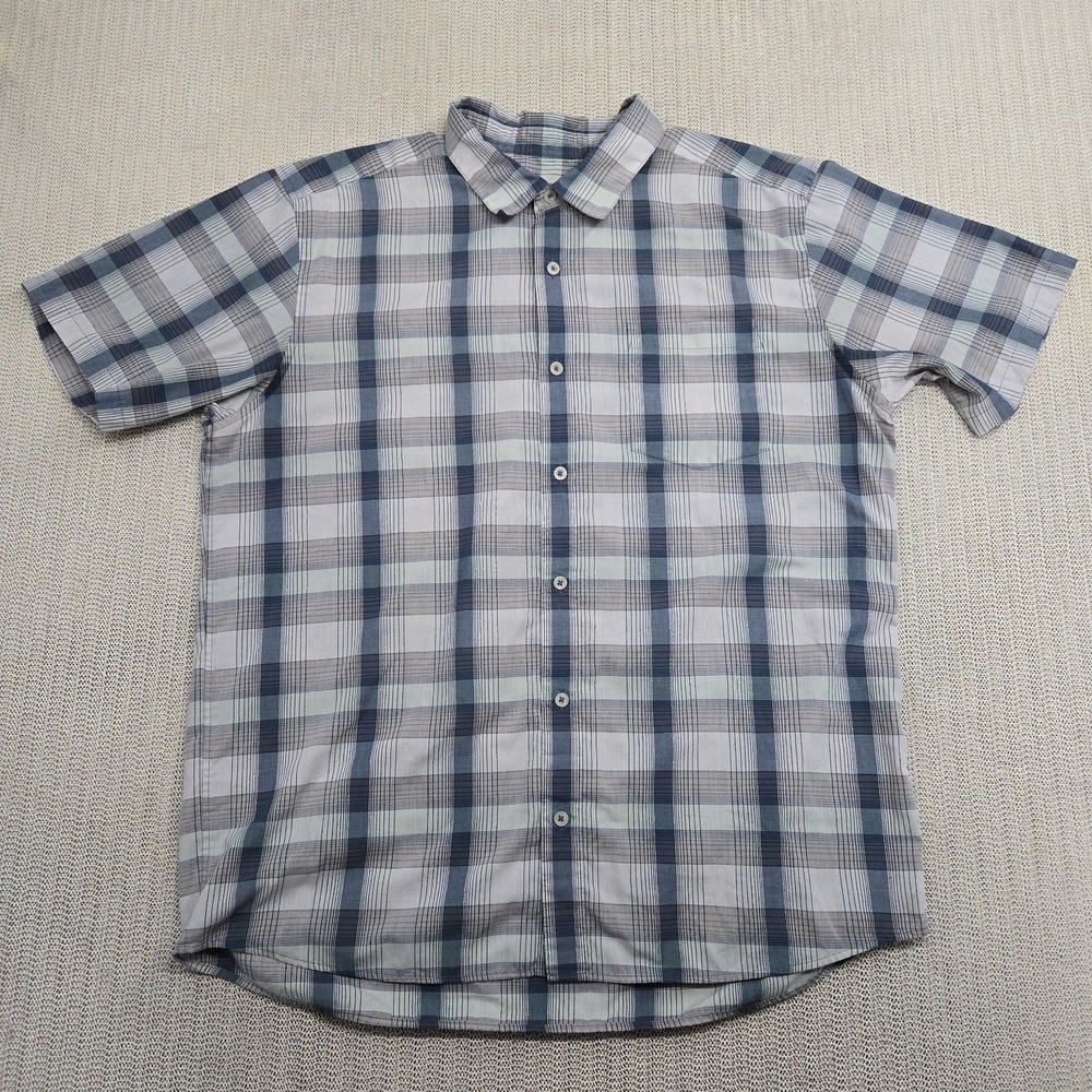 Patagonia Shirt Mens Large Red Blue Gray Organic Cotton Button Down Short Sleeve